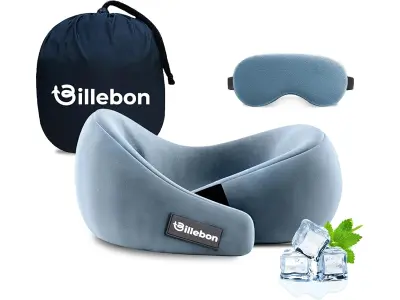 Billebon Gel Infused Memory Foam Neck Pillow, Travel Pillow with Adjustable Velcro Straps, for