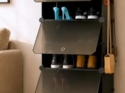 BOXJOY 6 Shelf Shoe Rack with 3 Doors, 5 Hook Steel Holder & Wooden Hammer | Shoes Stand Cabinet for Home Storage PP Plastic Organizer with Metal Door Frame to Cover Chappal Slippe