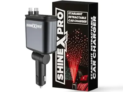 ShineXPro Starlight Retractable Car Charger - Extra-Long Type-C Retractable Cables, 4-in-1 Car Mobile Charger with Starry Sky, 120W Car Fast Charger with Dual USB Port for Android