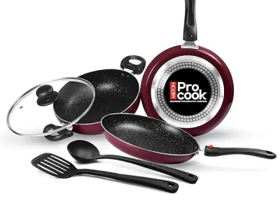 Milton Pro Cook Induction Cookware & Gas Stove Friendly Kitchen Jewel Set | 5 Pc Non-Stick Cookware Set | Kadhai with Lid, Fry Pan, Tawa, Laddle & Spatula | Durable 5-Layer Non Sti
