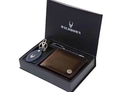 WildHorn Leather Wallet, Keychain & Pen Combo I Gift Hamper for Men (Brown Crunch)