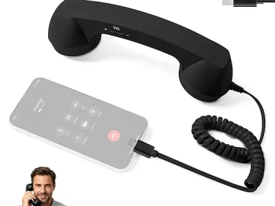 Retro Mobile Phone Handset for Type-C Smartphones, Plug and Play Wired Telephone Receiver Coiled Cord Retro Landline Call Handset with Volume Control, Hands-Free Vintage Phone Acce