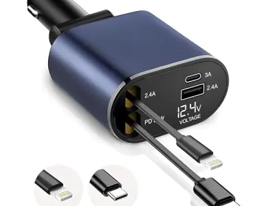 GadgetBite VOLT Car Charger 120 Watt 4 in 1 Charger with Retractable Cables & Dual Ports Type C cable and Lightning cable Super Fast Charger Compatible With iPhone 17 to 11 Pro Max