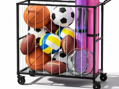 15 WEST 56262 Ball Storage Bin Rolling Sports Ball Cart, Metal Garage Organizer Sport Rack, Ball Basket Storage, Ball Cage for Garage or Gym, Indoor & Outdoor Sports Equipment Orga