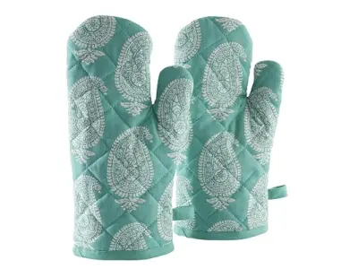 AmazonBrand - Solimo 100% Cotton Padded Oven Gloves Paisley, (Pack of 2, Blue)