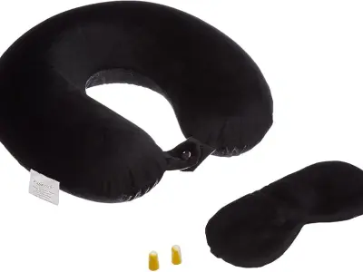 Amazon Basics Memory Foam Travel Neck Pillow with Eye Mask & Ear Plugs Combo|Ultra Soft Velvet