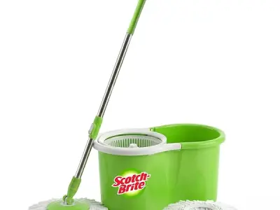 Scotch-Brite Twin Bucket Spin Mop with Easy Wring & Rinse System, 360° Adjustable Handle, High Absorbency Microfiber for Deep Cleaning on All Floor Types, 1 Extra Refill (Green)