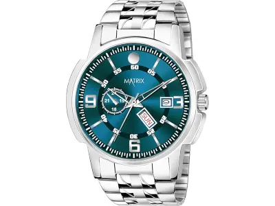 Matrix Analog Watch with Day & Date, Stainless Steel Strap
