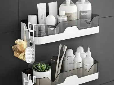 House of VIPA Wall Mounted Bathroom Shelf Organizer | 2 Tier Plastic Bathroom Rack with 4 Hooks | No Drill Adhesive Bathroom Accessories for Shampoo, Soap & Toiletries
