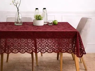 STITCHNEST Cotton Net Table Cover for 2–4 Seater Dining Table | Decorative Lace Design | |40x60 Inch Rectangular Center Table Cloth | Red | Pack of 1