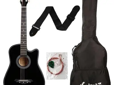 Juârez Acoustic Guitar Kit, JRZ38C/BK 38 Inch Cutaway, 038C with Bag, Strings, Pick and Strap, Black