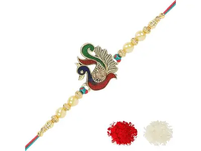 Riddhika Ventures Meenakari Peacock Rakhi – A Bond of Love & Protection with Roli Chawal and Gr