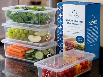HomeWiz Fridge Storage Containers 1500ml x4 |Air Tight Storage Container Set With Removable Drain Plate|Fridge Organiser Storage Boxes|Food Grade Plastic Containers, Stackable For