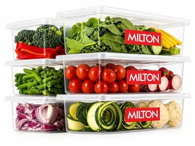 MILTON Cryo Fridge Storage Boxes Set of 6 Fridge Organizer Container with Waterproof Vinyl Stickers & Removable Drain Plate, Lid, Stackable Box, Plastic Containers 1500 ml, Transpa
