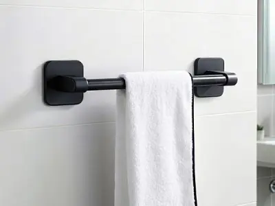 Amazon Basics Self Adhesive Towel Rod for Bathroom No Drill – 12 Inch Rust Resistant Aluminum Towel Holder, Strong Adhesive Wall Mounted Towel Hanger for Bathroom & Kitchen Pack of