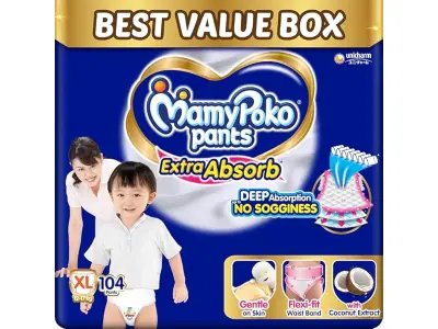 MamyPoko Pants Extra Absorb Baby Diapers, Extra Large (XL size) 12-17 kg 104 Count |Deep Sleep