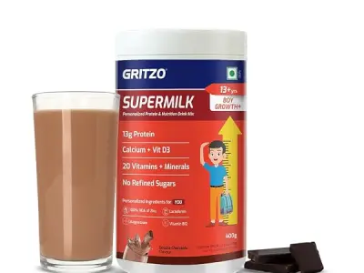 Gritzo SuperMilk Growth+ (13+ Boy), Double Chocolate, 400g | 13g Protein with 20 Vitamins & Minerals | Zero Refined Sugar