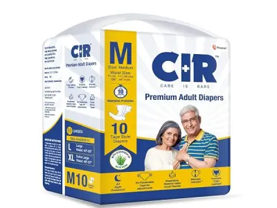 CIR Premium Adult Diaper - Tape Style | All Night Protection with Aloe Vera | Medium (M) Size | Waist (71-111cm|28"-44") | 10 Units
