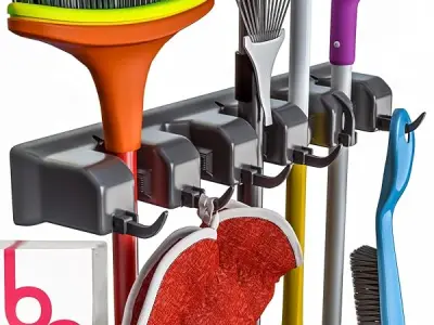 Berry Ave Broom Holder & Wall Mount Garden Tool Organizer - Home Laundry Room, Kitchen, Closet, Shed, Garage Organization & Storage Utility Rack - 5 Slots & 6 Hooks -Rake, Shovel,