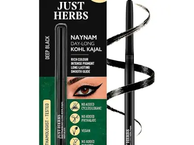 Just Herbs Naynam Day- Long Kohl Kajal | Cyclosiloxane-Free | Almond Oil + Vitamin E | Intense Black | 24-Hour Stay, Smudge-proof & Waterproof | Ophthalmologist-Tested | 0.3g