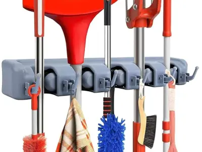 Dargoba Polypropylene Broom Holder Wall Mounted,Mop Holder For Wall,Broom Stick Holder Wall Mounted Stand,Storage Broomstick Brush Mount Organizer With Hanger Hooks(5 Slot 6 Hooks)