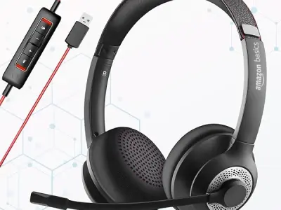 Amazon Basics Pro Series Wired USB On Ear Headset with Mic | 40 mm Driver | Computer/PC or Laptop Headphone | Noise Cancellation Microphone | in-line Control for Home, Office, Team