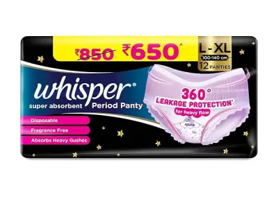Whisper Super Absorbent Period Panty, 12 L-XL Pants, 360 Degree Leakage Protection* for Heavy Flow, Panty like Fit, Full back Coverage, Absorbs Heavy Gushes, Silky Soft, Comfortabl