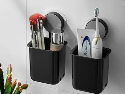 Wall-Mounted Tooth Brush Holder Bathroom - Self-Adhesive Bathroom Organiser Without Drill for Toothbrushes, Toothpaste and Makeup Brushes - Plastic Brush Holder for Bathroom (2, Bl