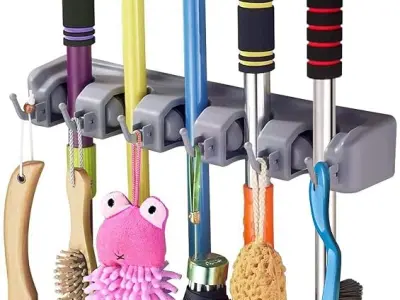 Dargoba 2 Pack Mounted, Broom Stick Mounted Stand, Storage Broomstick Brush Mount Organizer with Hanger Hooks (5 Slot 6 Hooks)- Grey