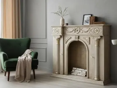 Lumber Casa Premium Antique Golden Wooden Fireplace Mantel | Vintage Classic Design with 3 Storage Drawers & 2 Side Doors | Handcrafted Solid Wood Console with semi matt Finish & D