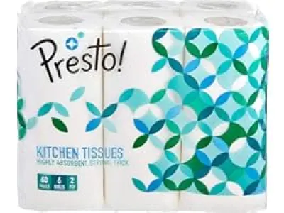 Amazon Brand - Presto! 2 Ply Kitchen Tissue Rolls | 360 Pulls | 60 Kitchen Towels X 6 Rolls | S