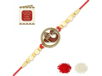 Riddhika Ventures Religious Gold Plated Meenakari Sacred Ganesha Rakhi with Roli Chawal and Gre