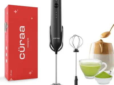 CÜRAA Coffee Frother Electric | Rechargeable, 3-Speed Milk Frother for Coffee with Stand | Handheld Coffee Beater Electric for Lattes, Cappuccino & Hot Chocolate | By Chef Sanjyot