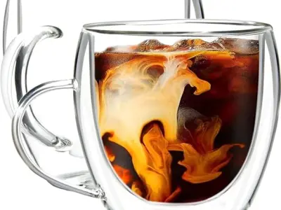 KiKiluxxa Double Wall Glass Coffee Mugs 250ml (Pack of 2) | Insulated Transparent Cups for Hot & Cold Beverages | Premium Borosilicate Glass Tea Cups | Microwave & Dishwasher Safe