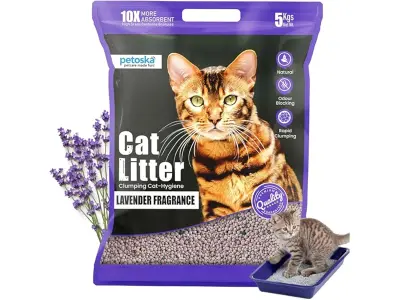 Petoska Lavender Cat Litter 5kg | 100% Natural Bentonite Clay | Clumping Cat Litter with Fast O