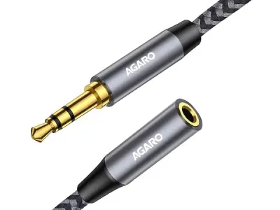 AGARO 3.5mm Aux Male to Female Extension Cable, Audio Cable with Microphone Gold Plated Jack Nylon Braided for Car, Media Player & More 1.8 Meter (5.9 Ft), Silver & Black, (33668)