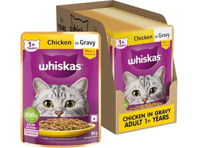 Whiskas Adult (1+ Years) Wet Cat Food, Chicken in Gravy, 80 g (Pack of 14), Hydrating Food Made