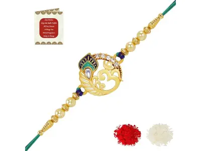 Riddhika Ventures Religious Meenakari Om and Peacock Feather Rakhi With Roli Chawal And Greetin