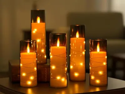 Amazon Basics LED Flameless Candles with String Light Effect Set of 5 (2 Pcs of 5.5x14 cm , 5.5x16, 5.5x18cm, 5.5x20 CM), Grey Acrylic material, Ivory Pillars, Steady Warm Light, R