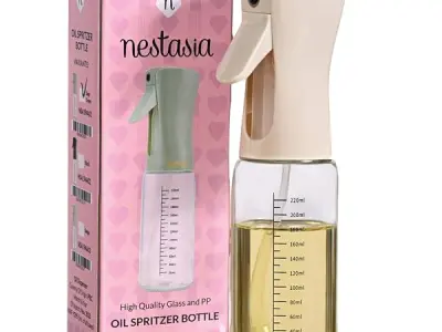 Nestasia Glass Oil Sprayer Bottle for Kitchen (220ml) - 100% Food-Safe Vinegar & Olive Oil Spray Bottle for Healthy Cooking, Salad Dressing, Air Fryer, BBQ & Grilling (Beige)