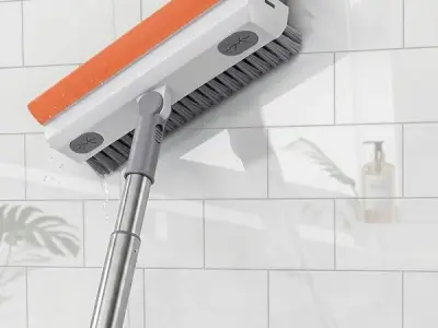 3-in-1 Bathroom Cleaning Brush with Wiper – 180° Rotating V-Shaped Brush | Long Handle Built-in Squeegee | Heavy Duty Deep Cleaning Tool for Bathroom Tiles, Kitchen Floor, Grout &