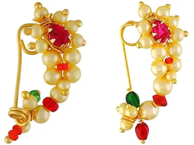 Vail Creations Traditional Maharashtrian Nose ring without piercing Pearl Gold Plated Nath Clip
