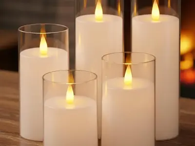 coku Set of 5 Flameless LED Pillar Candles with Acrylic Glass Holders, Realistic Flickering Moving Flame, Battery Operated, Smokeless Safe Decorative Candles Gift for Home, Wedding