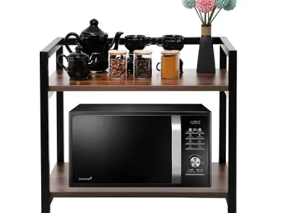 RIZIK STORE™ 2-Tier Metal & Wooden Microwave Oven Stand - Multipurpose Extra Storage for Kitchen, Coffee Bar, Countertop, Bathroom (Design 2)