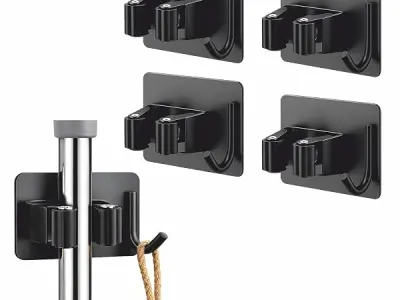 JIALTO 4 Pcs Adhesive Broom Holder Wall Mounted Stainless Steel | Heavy Duty Cleaning Tool Organizer with Hooks | No Drill Storage Rack for Kitchen, Bathroom & Garage (Black, 4)