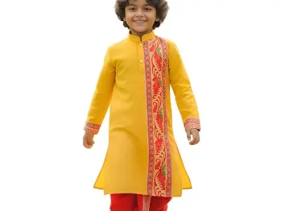 NEEDLE GO TRADITIONAL Boys Cotton Jamdani Kurta with Silk Dhoti Set, Traditional Indian Ethnic Wear, Full Sleeve, 2-14 Years, All Festival, 2 Piece Set for Festivals