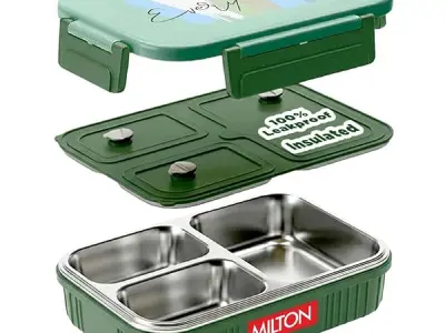 MILTON Meal Safe 3 Inner Stainless Steel Tiffin Box for School with Steam Release Plug | PU Insulated, Leak-Proof, Food Grade I Lunch Box for Kids Boys, Girls with Snap Lock Lid, 6