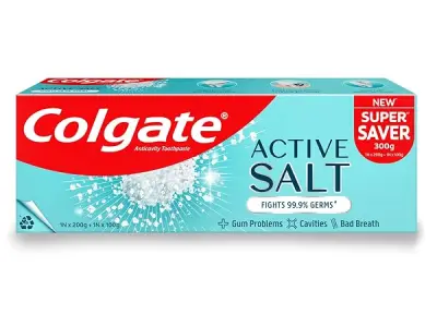 Colgate Active Salt Toothpaste, Germ Fighting Toothpaste for Healthy Gums and Teeth, Tooth Decay Prevention, Gum Protection, Eliminates Bad Breath, Plaque Removal (300g/200g X 1 an