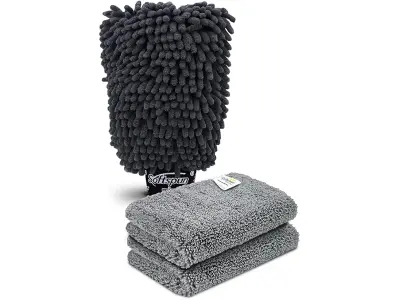 SOFTSPUN Microfiber Single Side 1 Piece Chenille Glove,1700 GSM Grey+20X30cm Cleaning Wipe 2Pcs