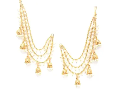 ZENEME Gold-Plated White Pearl Drop Ear Chain Earrings for Women & Girls | Traditional Long Ear